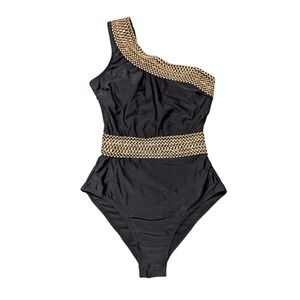 Cupshe Metallic Stitching One-Shoulder One Piece Swimsuit Black Gold Small NWT